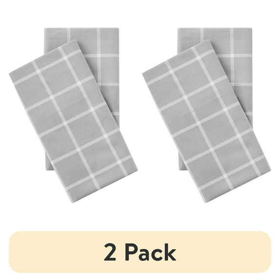(2 pack) Mainstays, 300 Thread Count, Cotton Blend, Percale, Easy Care, Adult / Teen, 2 Pillowcases, Silver Windowpane, King