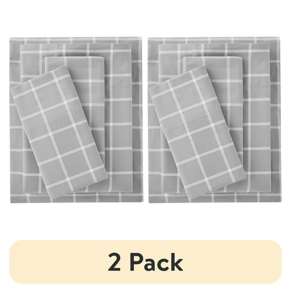(2 pack) Mainstays, 300 Thread Count, Cotton Blend, Percale, Easy Care, Adult / Teen, Sheetset, Silver Windowpane, Twin/TwinXL