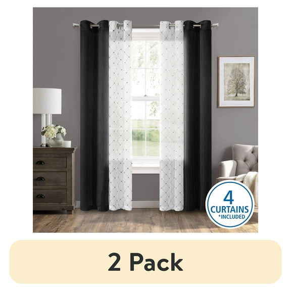 (2 pack) Mainstays 4 Piece Embroidered Curtain Panel Set, Black, 27.5" W x 84" L