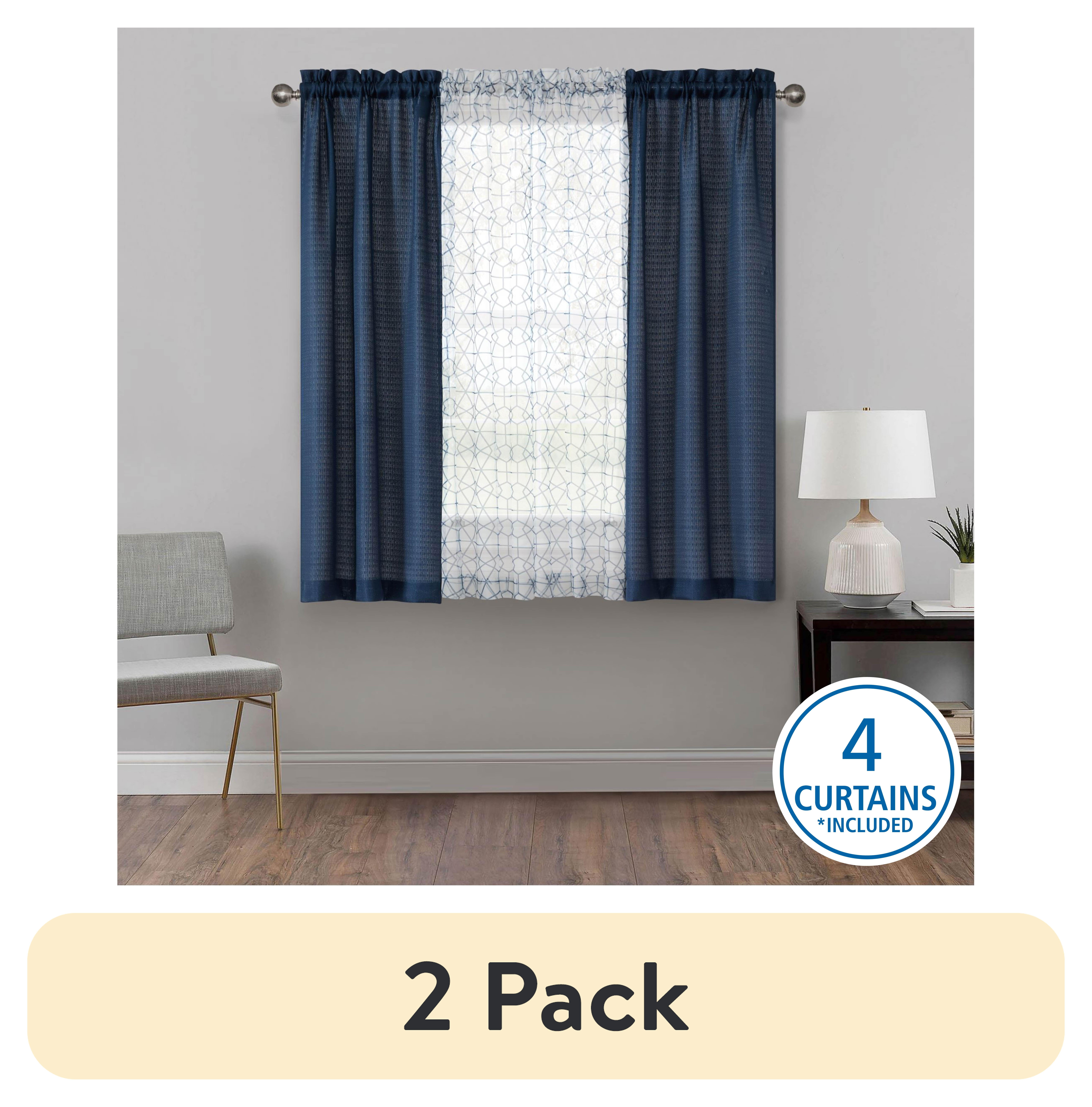 (2 pack) Mainstays Curtain and Sheers Set, 4 Panels, Blue Moon, 27.5" W x 63” L