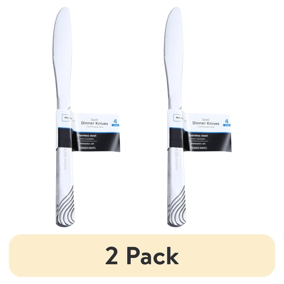 (2 pack) Mainstays 4-Piece Swirl Stainless Steel Dinner Knife Set, Silver Tableware