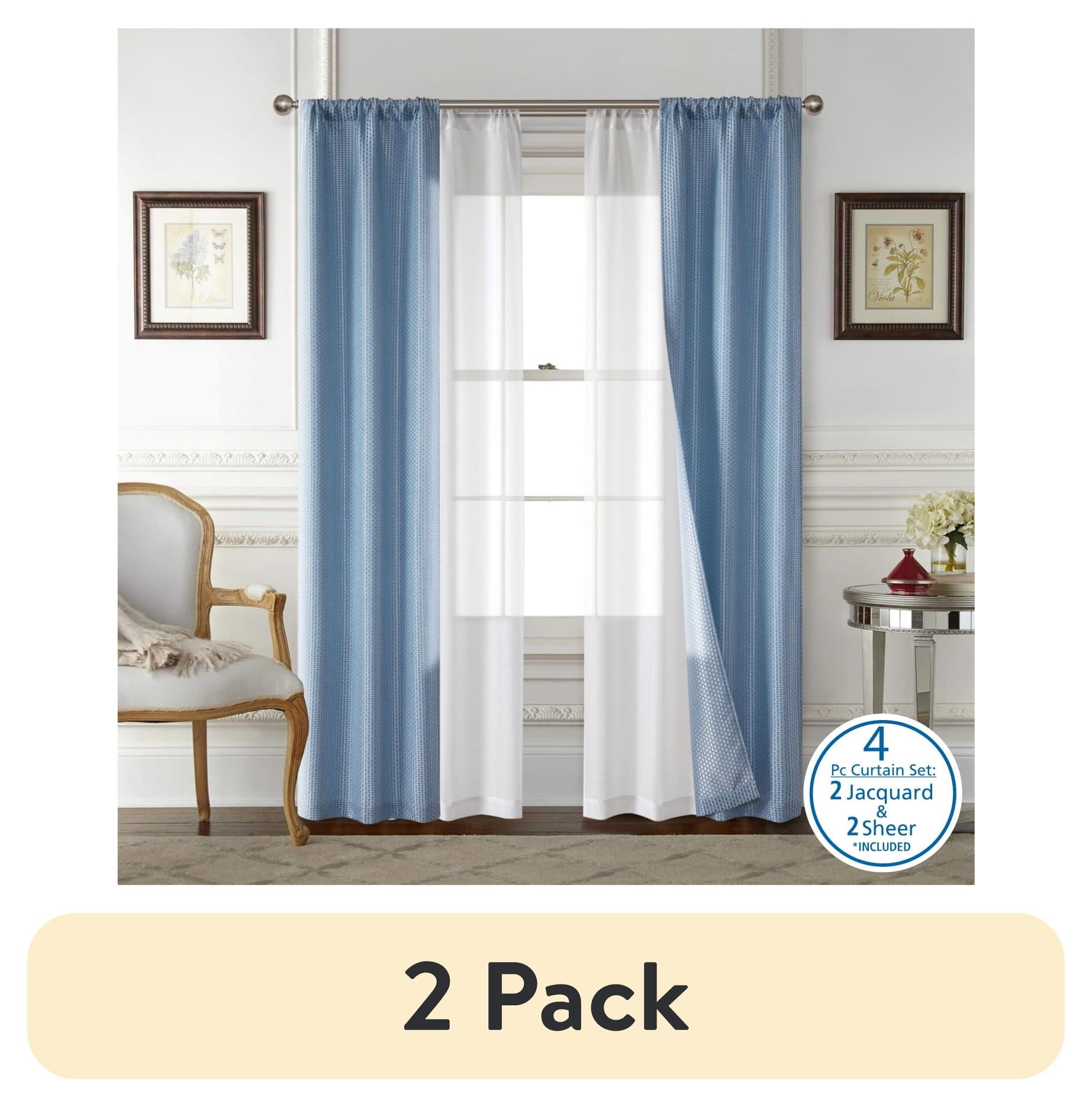 (2 pack) Mainstays 4 Piece Wave Jacquard Curtain Panel Set, Blue, 27.5" W x 63" L