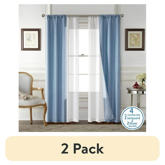 (2 pack) Mainstays 4 Piece Wave Jacquard Curtain Panel Set, Blue, 27.5" W x 63" L