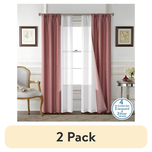 (2 pack) Mainstays 4 Piece Wave Jacquard Curtain Panel Set, Brick, 27.5" W x 63" L