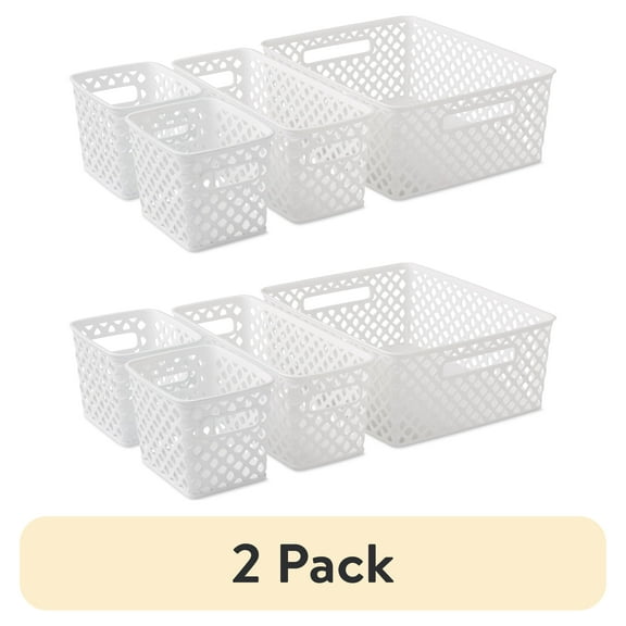 (2 pack) Mainstays 4-Piece White Decorative Plastic Storage Basket Set, 14 in x 11.6 in x 5.3 in