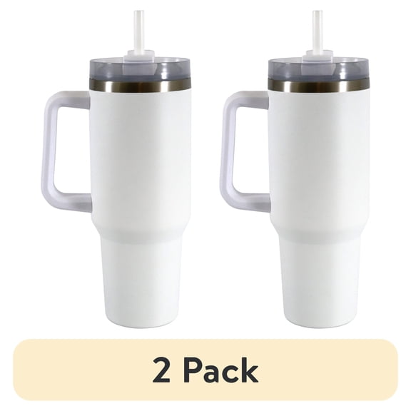 (2 pack) Mainstays 40 oz Double-Wall Vacuum Insulated Stainless Steel Tumbler with Straw and Handle, White