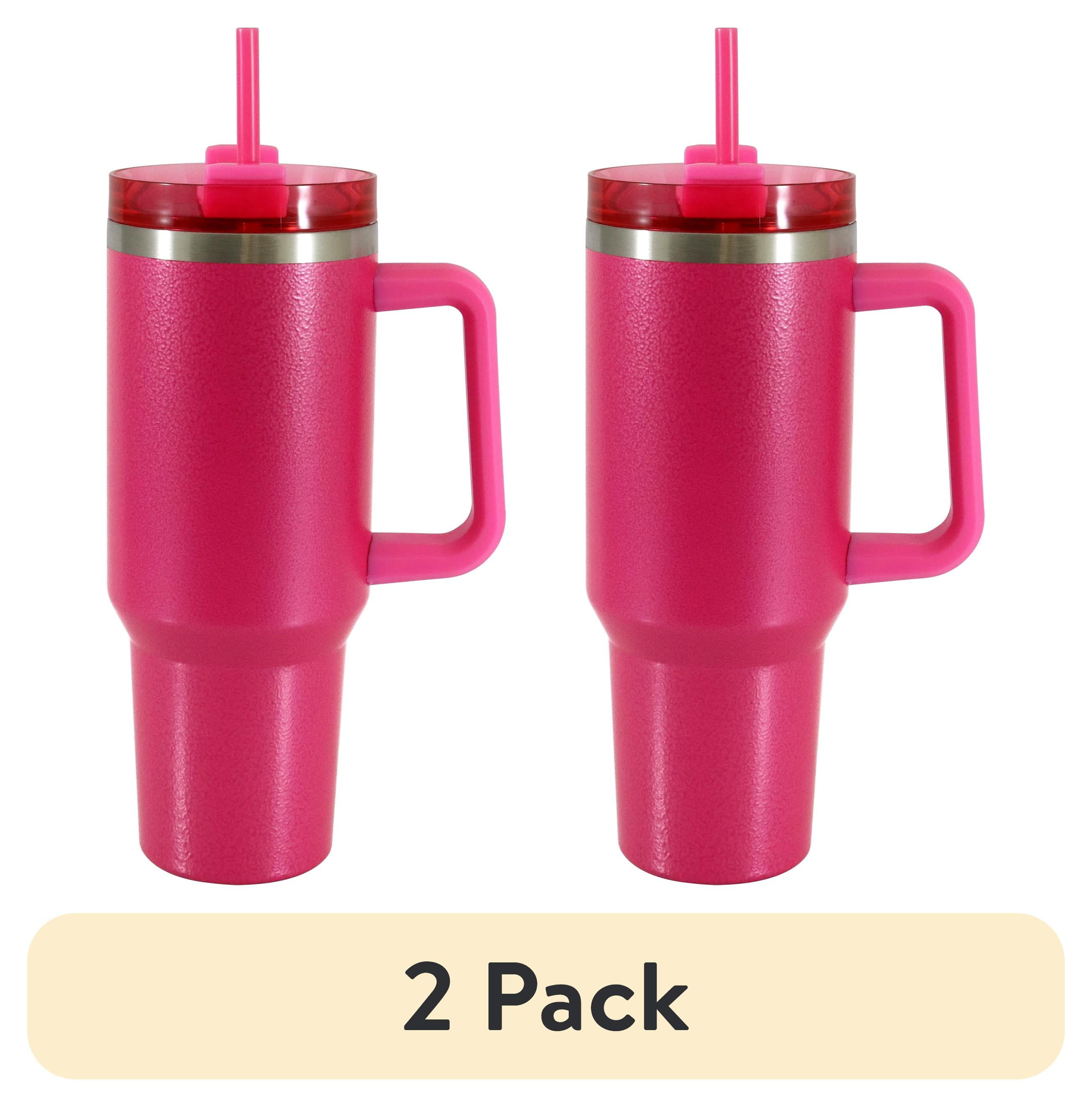 (2 pack) Mainstays 40 oz Stainless Steel Tumbler with Straw and Handle, Double-Wall Insulated, Pink Hammertone
