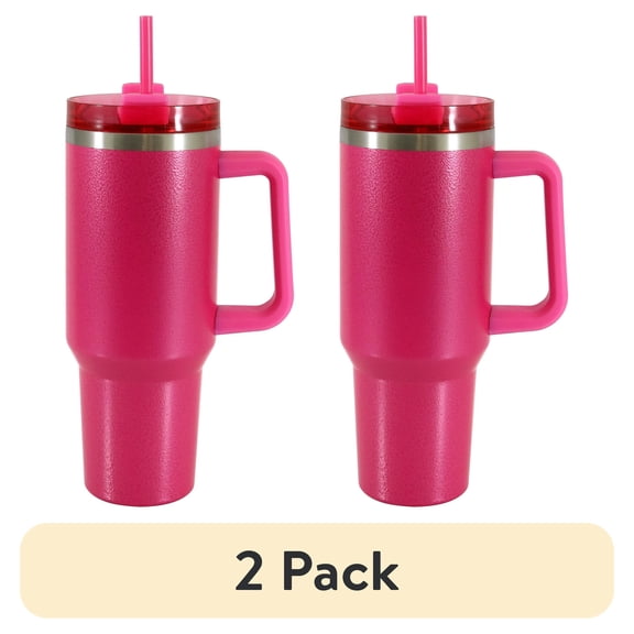 (2 pack) Mainstays 40 oz Stainless Steel Tumbler with Straw and Handle, Double Wall Insulated, Pink Hammertone