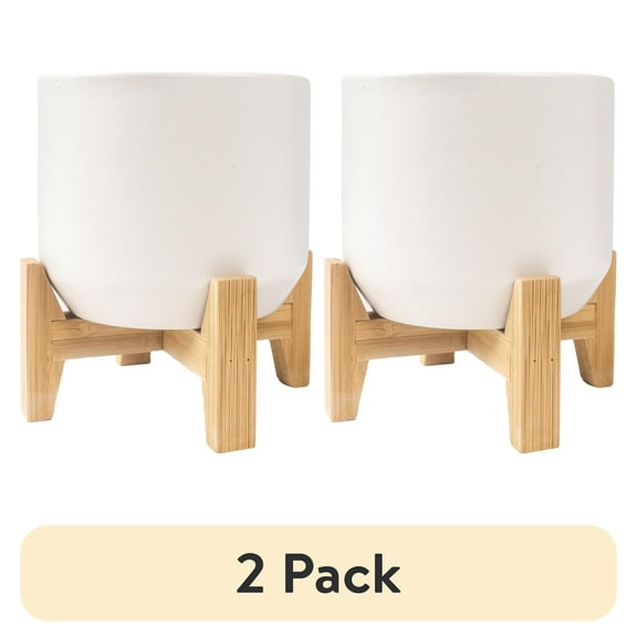 (2 pack) Mainstays 4IN White Ceramic Planter with Bamboo Stand