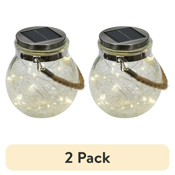 (2 pack) Mainstays 5.5" Crackle Glass Solar Powered Jar Light with Warm White LED Lights