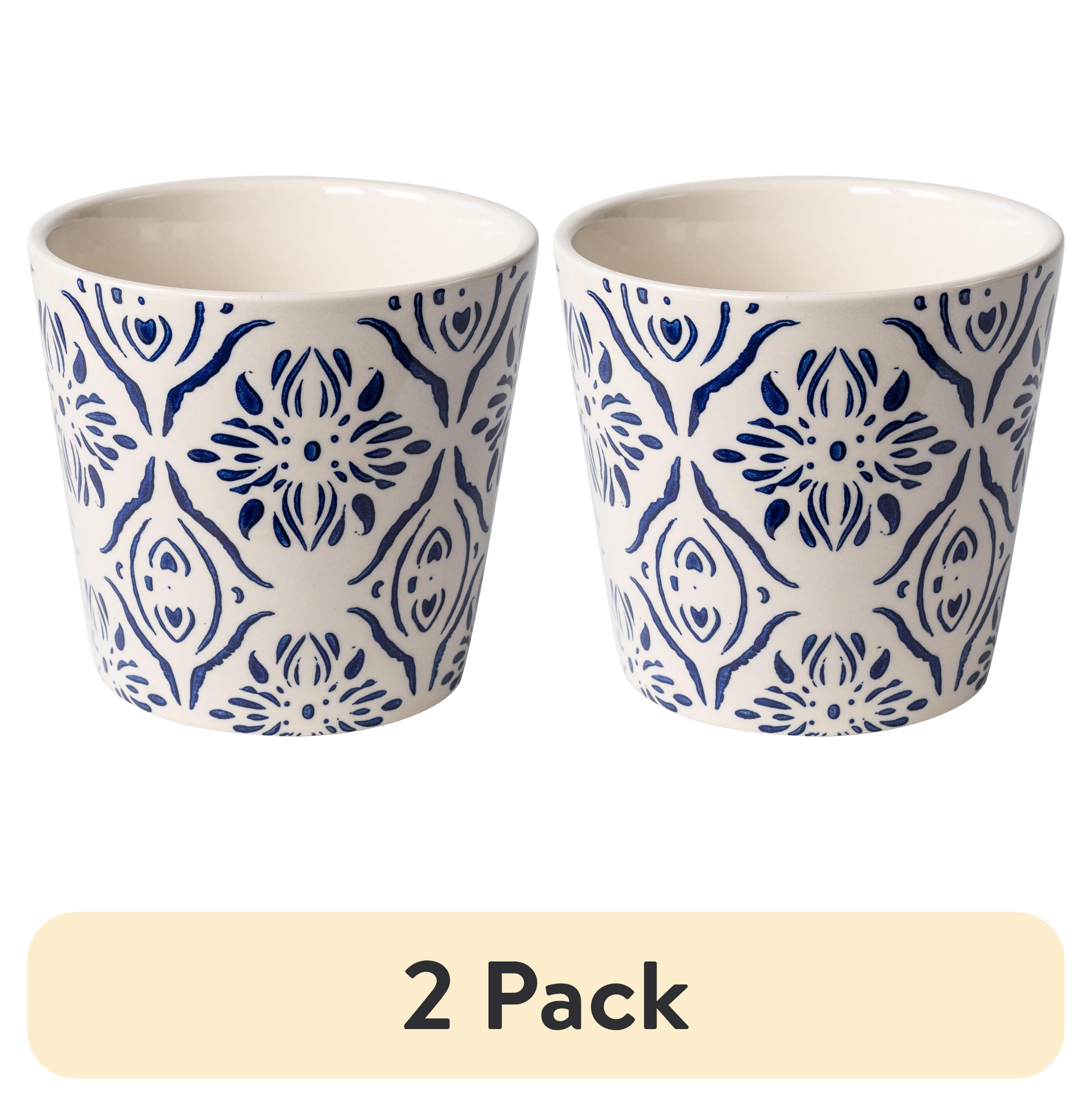 (2 pack) Mainstays 6" x 6" x 5.5" Round Blue Ceramic Medallion Plant Planter