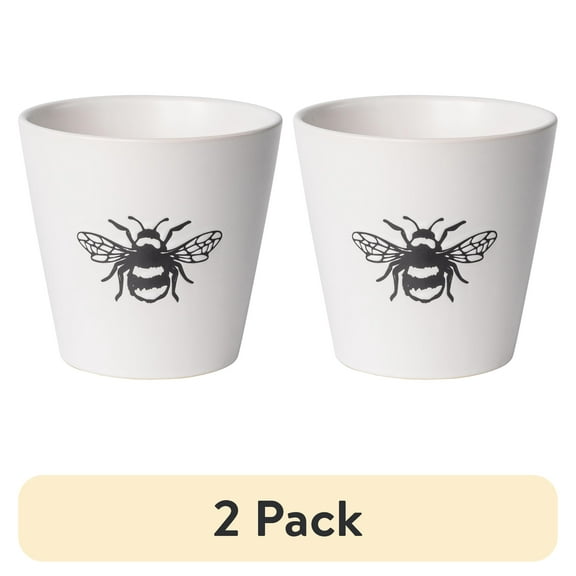 (2 pack) Mainstays 5.9”D x 5.51”H Round Ceramic Bumblebee Planter, White
