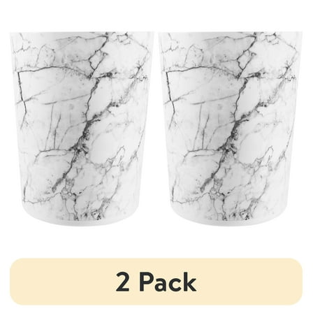 (2 pack) Mainstays Bathroom Trash Can, 5 Gallon Marble Plastic Garbage Bucket Bin with No Lid, White