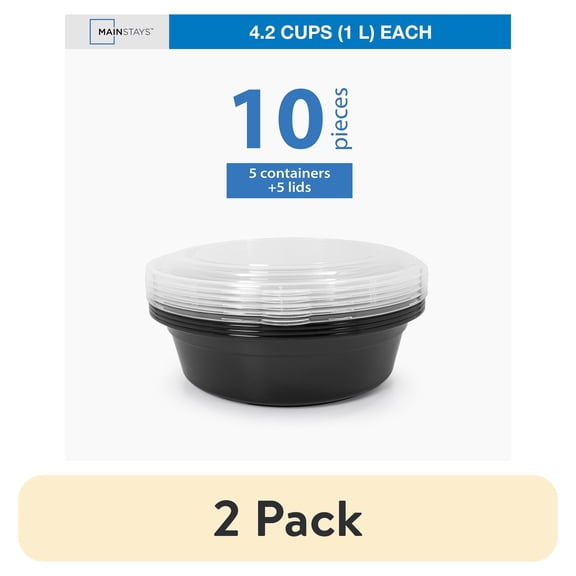 (2 pack) Mainstays 10-Piece (5 Containers + 5 Lids) Round Meal Prep, 1L BPA-Free Microwave & Dishwasher Safe