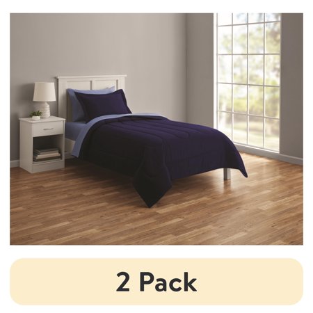 (2 pack) Mainstays 5 Piece Reversible Bed in a Bag Comforter Set with Sheets, Navy, Twin-XL