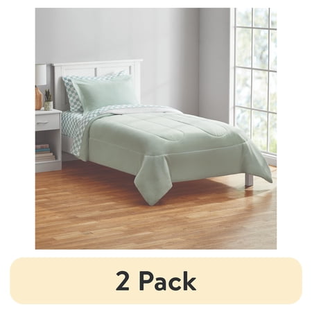 (2 pack) Mainstays 5-Piece Reversible Bed in a Bag Comforter Set with Sheets, Sage, Twin-XL