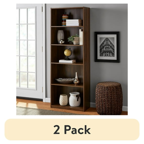 (2 pack) Mainstays 5-Shelf Bookcase with Adjustable Shelves, Canyon Walnut