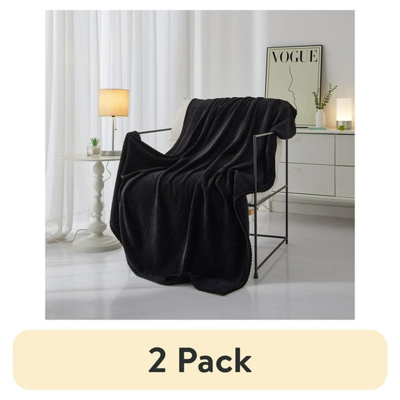 (2 pack) Mainstays Cozy Textured Plush Throw Blanket, Black, 50"x60" All Ages