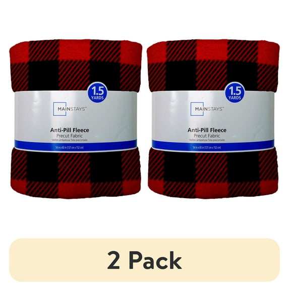 (2 pack) Mainstays 58" x 1.5 yard Lux Anti-pill Fleece Buffalo Plaid Fabric Precut, Black/Red