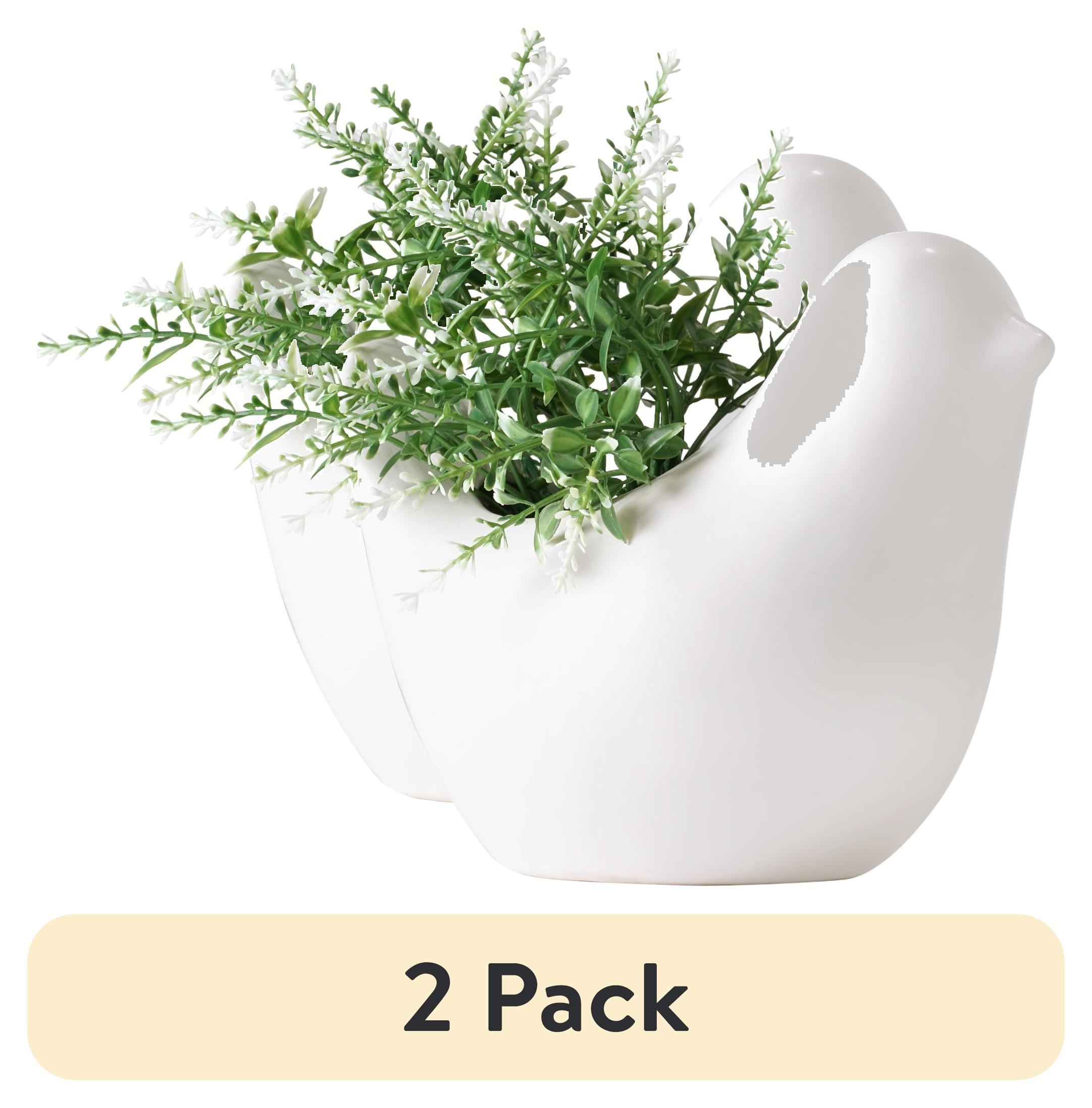 (2 pack) Mainstays 6" Artificial Green Plant in White Ceramic Bird Vase