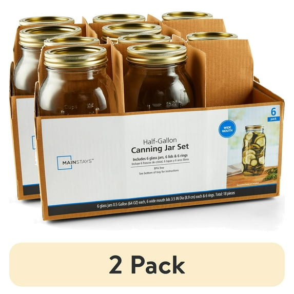 (2 pack) Mainstays 64 oz Mason Jars, Wide Mouth Half Gallon Canning Jars with Lids and Rings, 6-Pack Extra Large Glass Jars for Home Canning and Pantry Storage