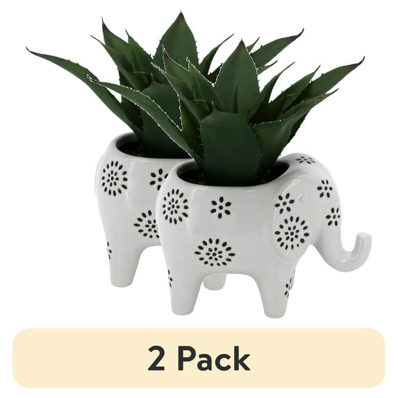 (2 pack) Mainstays 7.5" Artificial Agave Plant in White Ceramic Elephant Planter