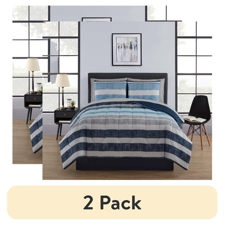 (2 pack) Mainstays 7 Piece Reversible Bed in a Bag Comforter Set with Sheets, Blue and Grey Stripe, King