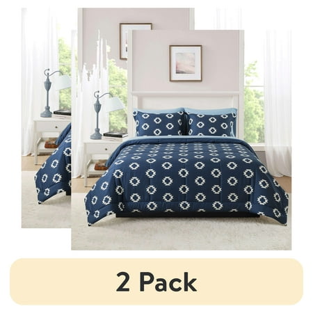 (2 pack) Mainstays 7-Piece Reversible Bed in a Bag Comforter Set with Sheets, Navy Geo, King