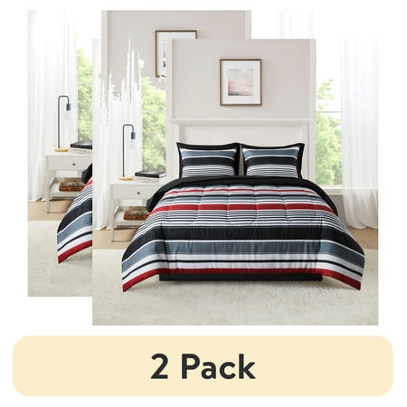 (2 pack) Mainstays 7-Piece Reversible Bed in a Bag Comforter Set with Sheets, Red and Black Stripe, Queen