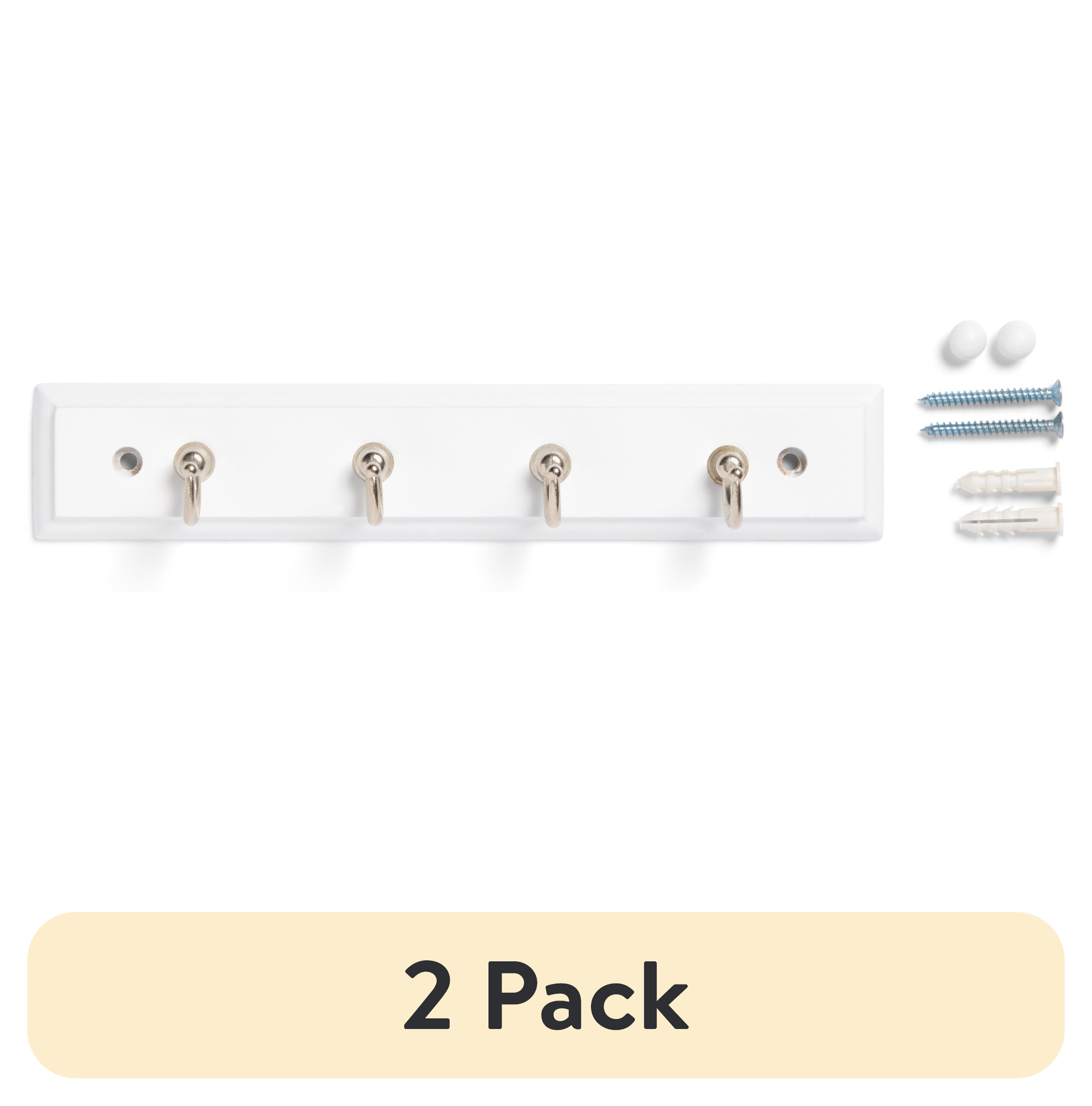 (2 pack) Mainstays White 8.75 inch Key Rail with 4 Satin Nickel Hooks for Keys, Mail, Leashes, 2 lbs Capacity, 1 Pack