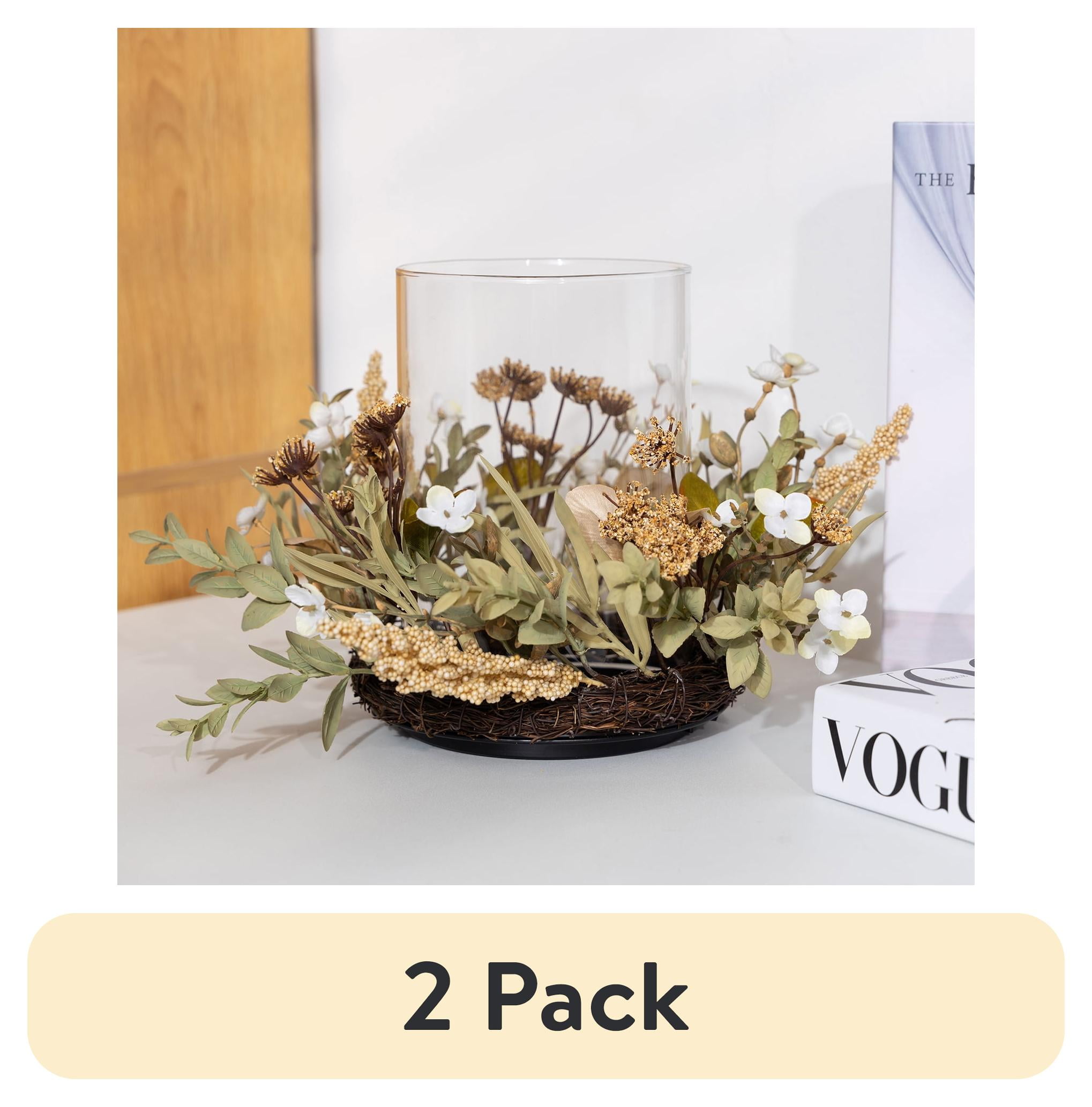 (2 pack) Mainstays Indoor Decorative Hurricane Pillar Candle holder with Faux Florals, 8"