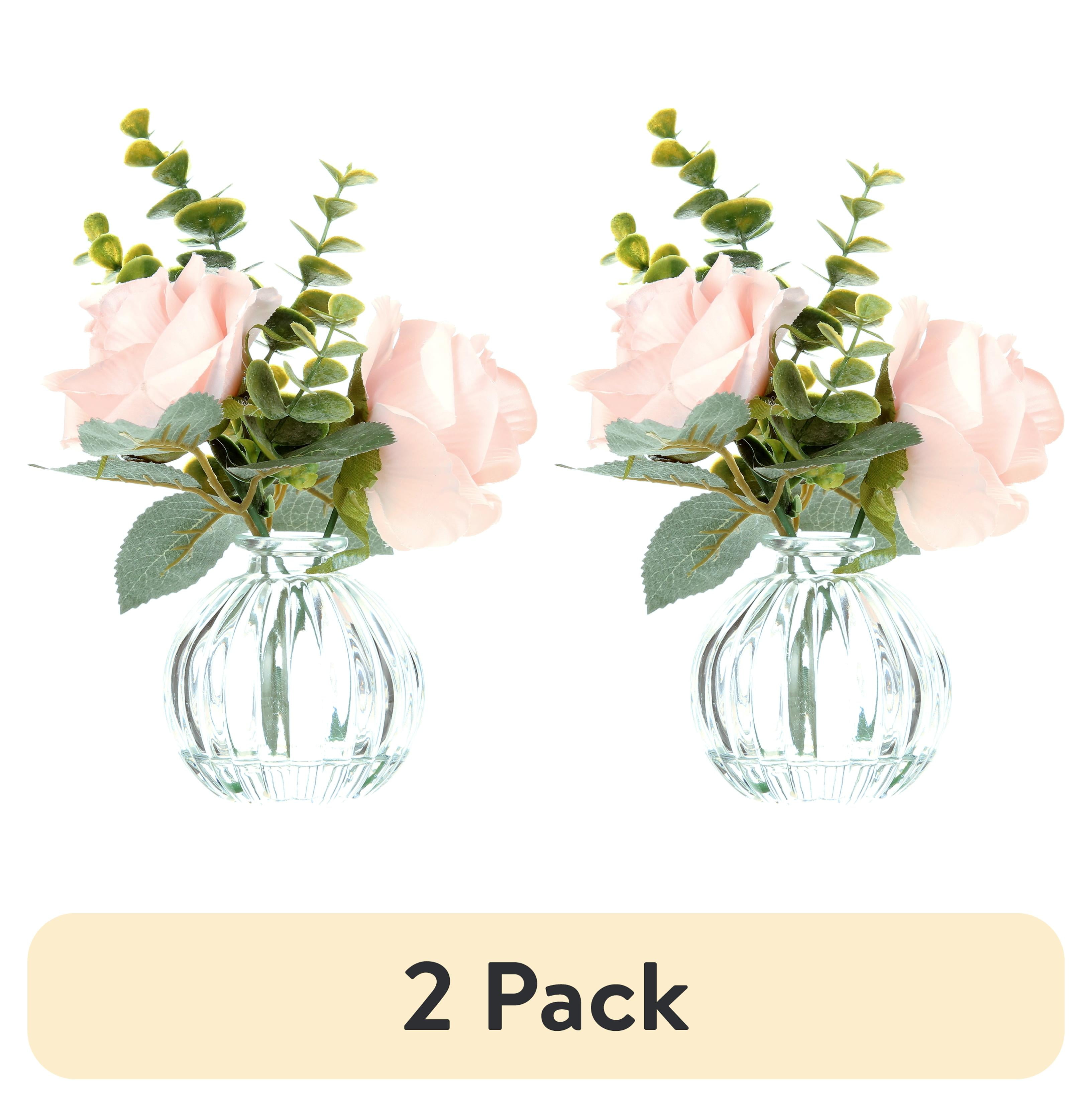(2 pack) Mainstays 8" Tabletop Faux Rose Floral Arrangement in Clear Glass Bud Vase