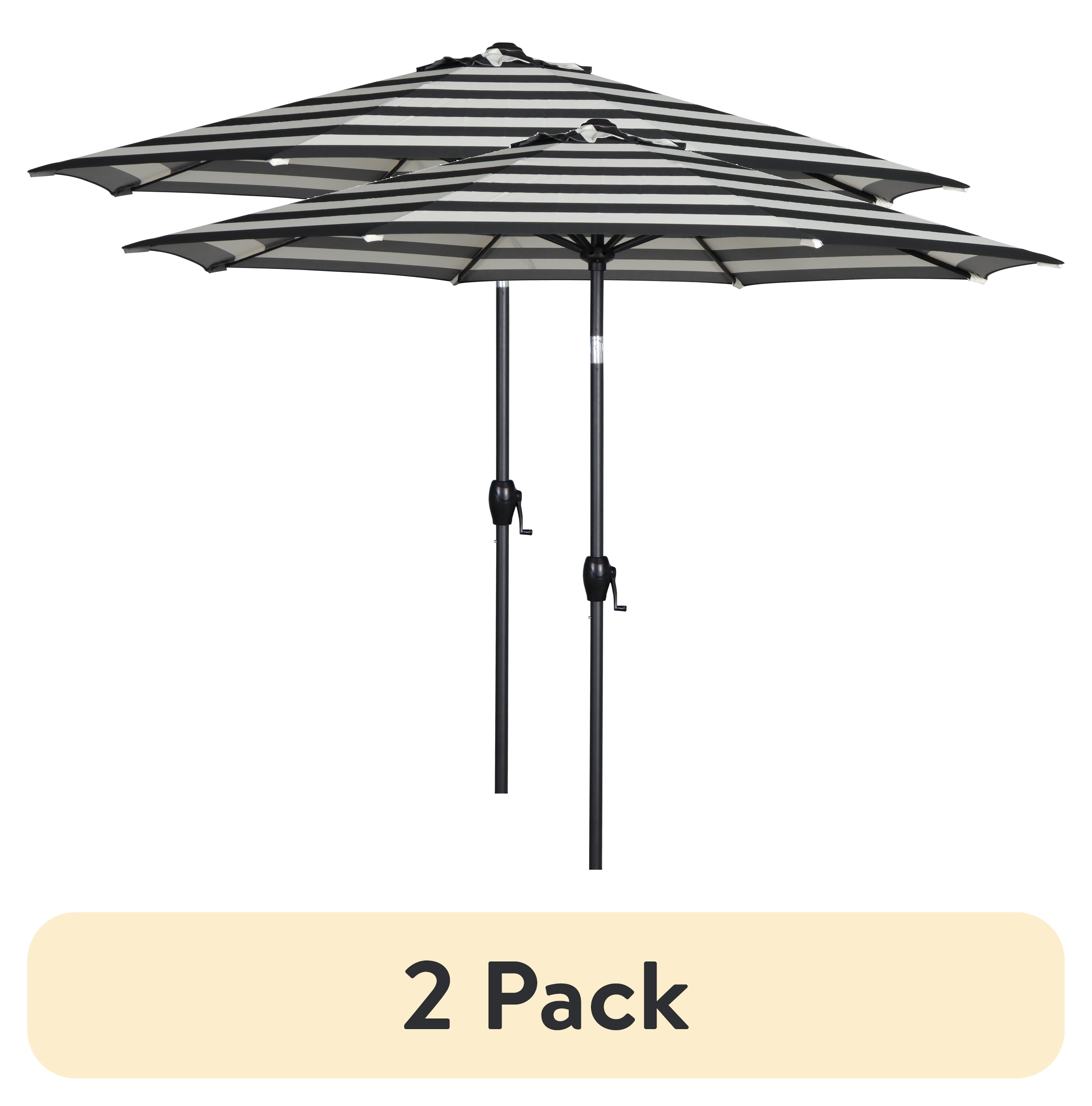(2 pack) Mainstays 9 ft Black and White Cabana Stripe Round Market Patio Umbrella, Easy Crank