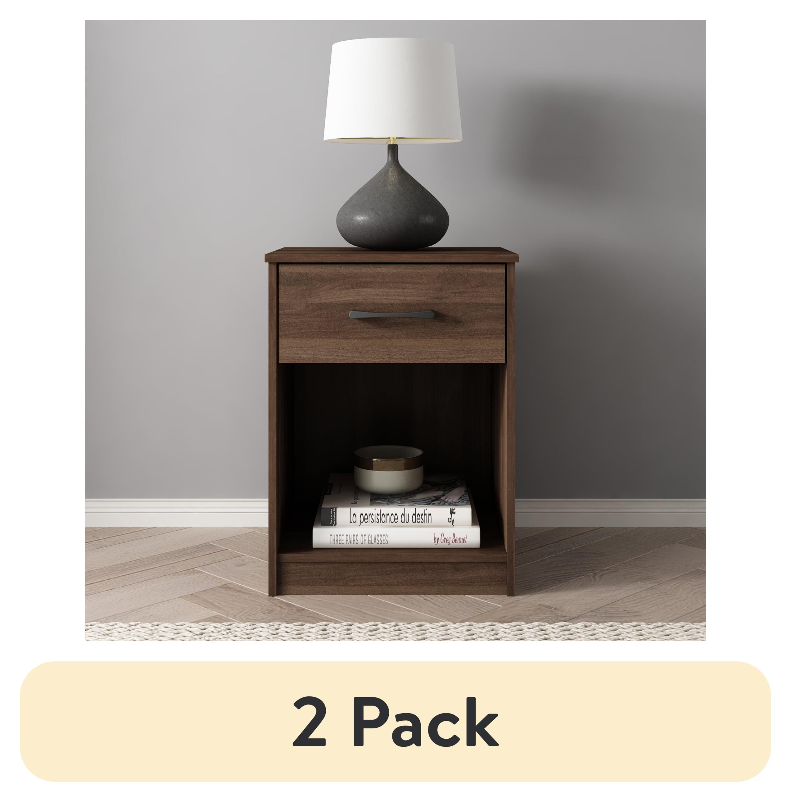 (2 pack) Mainstays Ardent Nightstand with 1 Drawer, Dark Walnut