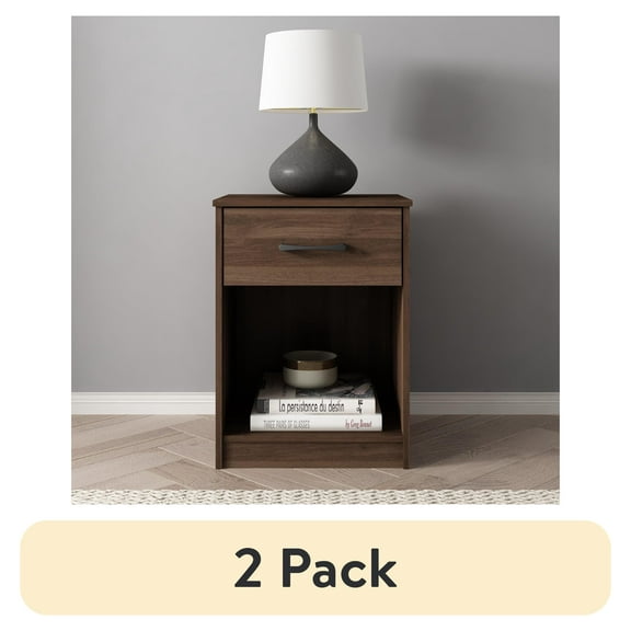 (2 pack) Mainstays Ardent Nightstand with 1 Drawer, Dark Walnut