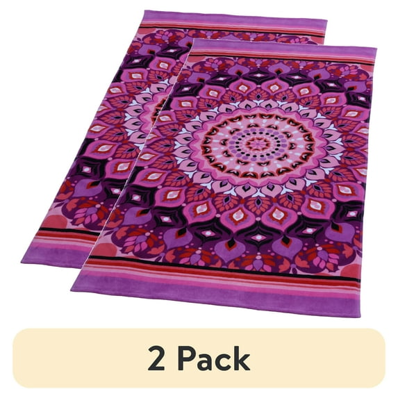 (2 pack) Mainstays Beach Towel, Pink Medallion Print