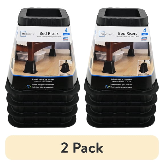 (2 pack) (2 pack) Mainstays Black Plastic Bed Risers to Raise Your Bed for Storage, 4 Pack, 6.50 in x 6.50 in x 6 in