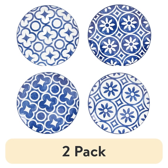 (2 pack) Mainstays Blue Rim Mixed White and Blue 10.5" Coupe Dinner Plates, Set of 4