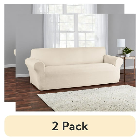 (2 pack) Mainstays Boucle Stretch-to-Fit Fabric Sofa Slipcover, 1-Piece, Beige
