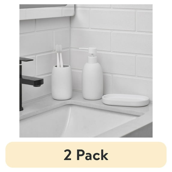(2 pack) Mainstays Ceramic Stoneware Bath Accessories 3-Piece Set, White – Soap Pump Dispenser, Tumbler, and Accessory Tray