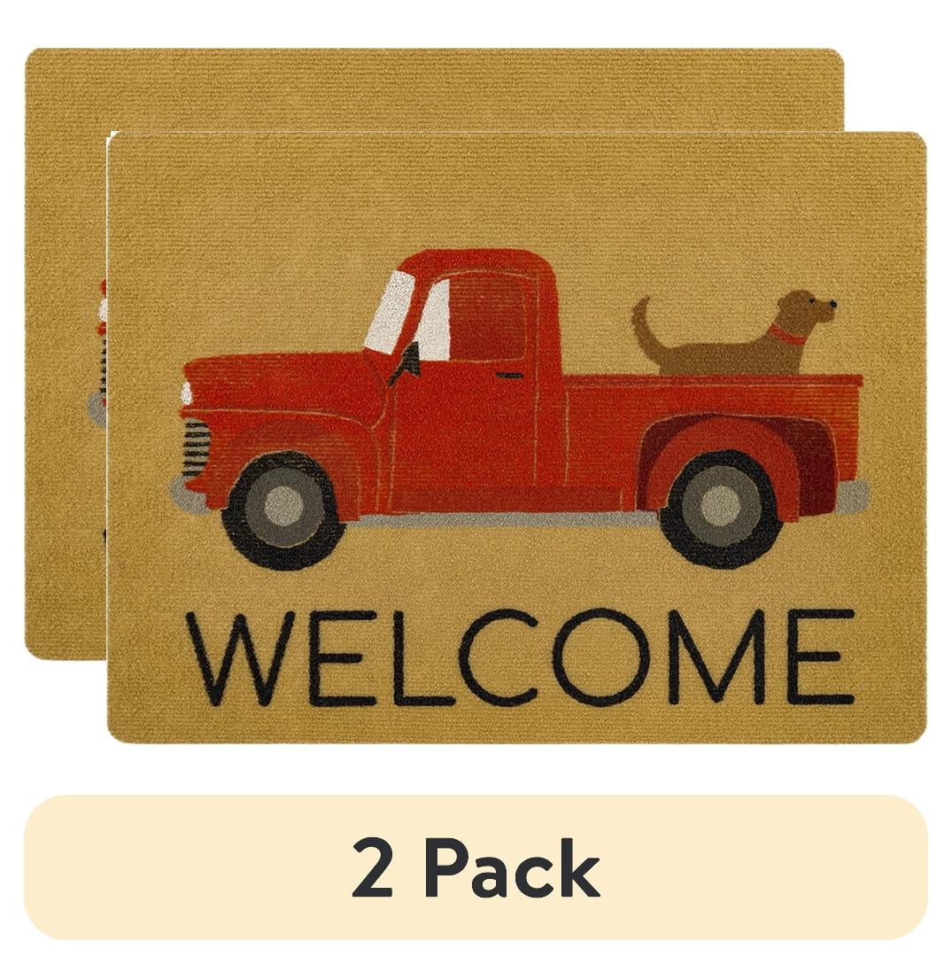(2 pack) Mainstays Classic Welcome Dog Truck Indoor/Outdoor Polyester Doormat, Tan, 18" x 24"