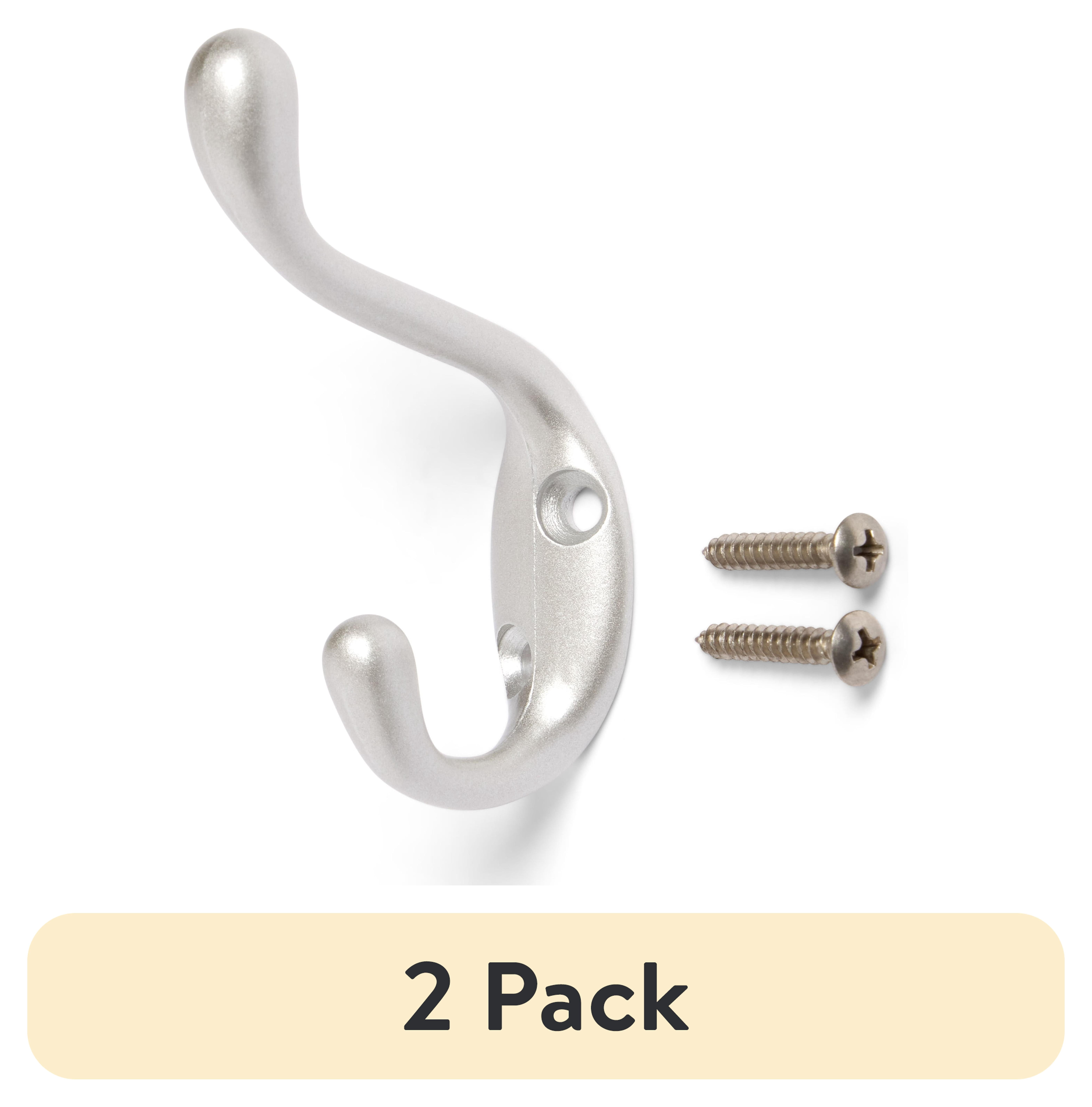 (2 pack) Mainstays, Double Hook Satin Nickel Metal Hook for Hanging Towels and Coats, 10 lbs Capacity, 1 ct