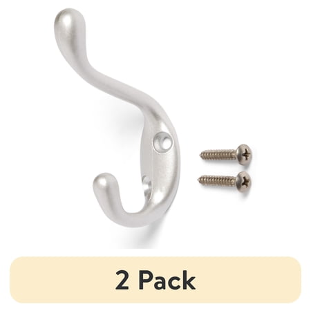 (2 pack) Mainstays, Double Hook Satin Nickel Metal Hook for Hanging Towels and Coats, 10 lbs Capacity, 1 ct
