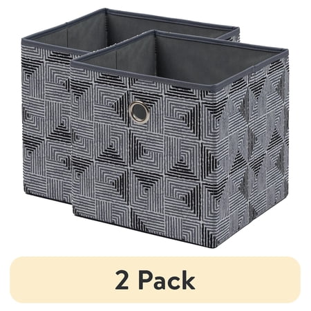 (2 pack) Mainstays Collapsible Fabric Cube Storage Bin, Black/Gray Geometric Pattern, 10.5 x 10.5 x 10.75 Inches