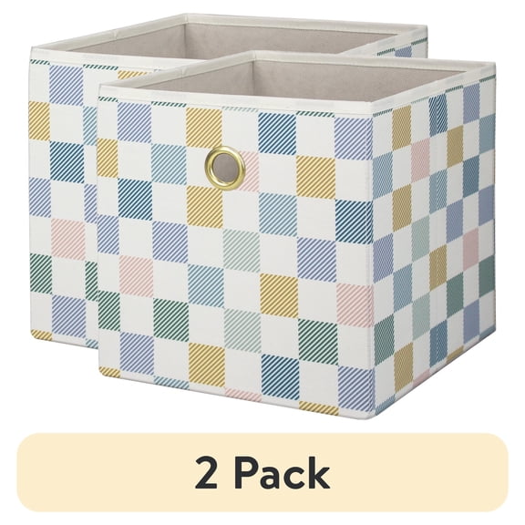 (2 pack) Mainstays Collapsible Fabric Cube Storage Bin, Multi Check, Closet Organizer with Metal Handle, 10.5 Inch