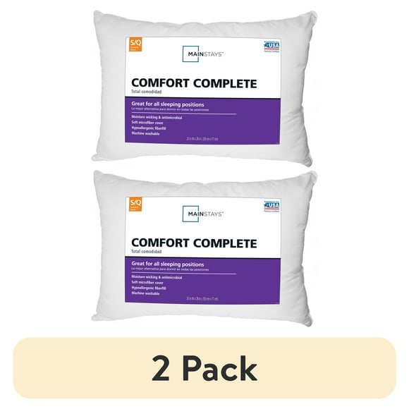 (2 pack) Mainstays Comfort Complete Bed Pillow, Standard/Queen, White- All Positions Antimicrobial