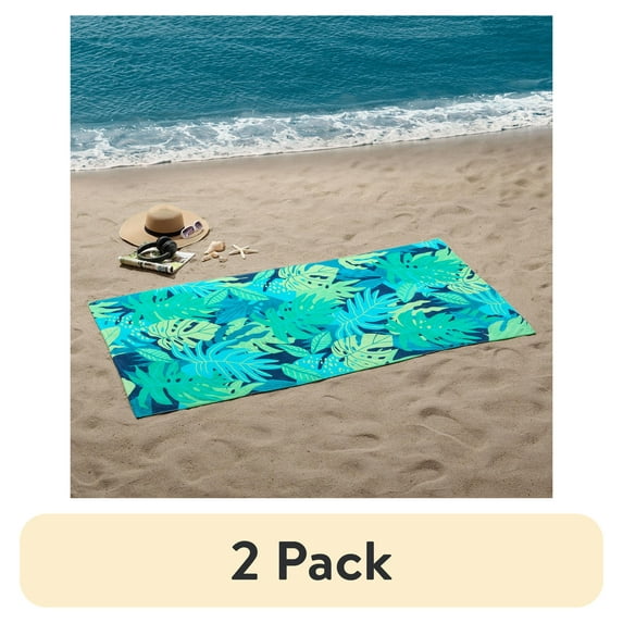 (2 pack) Mainstays Cotton Blend Green Leaf Print Beach Towel, 34" x 64"
