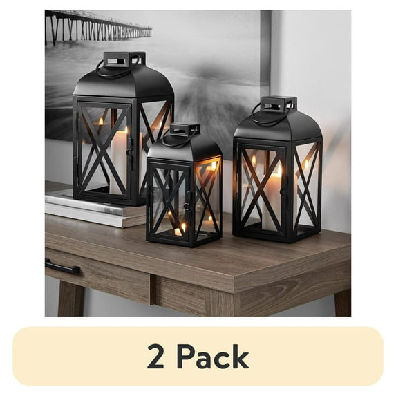 (2 pack) Mainstays Decorative Black Metal Pillar Candleholder Lantern, 10", Small