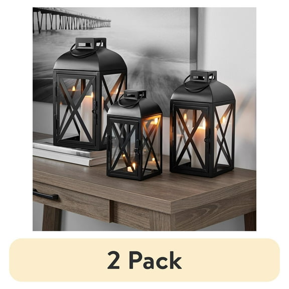 (2 pack) Mainstays Decorative Black Metal Pillar Candleholder Lantern, 12", Medium