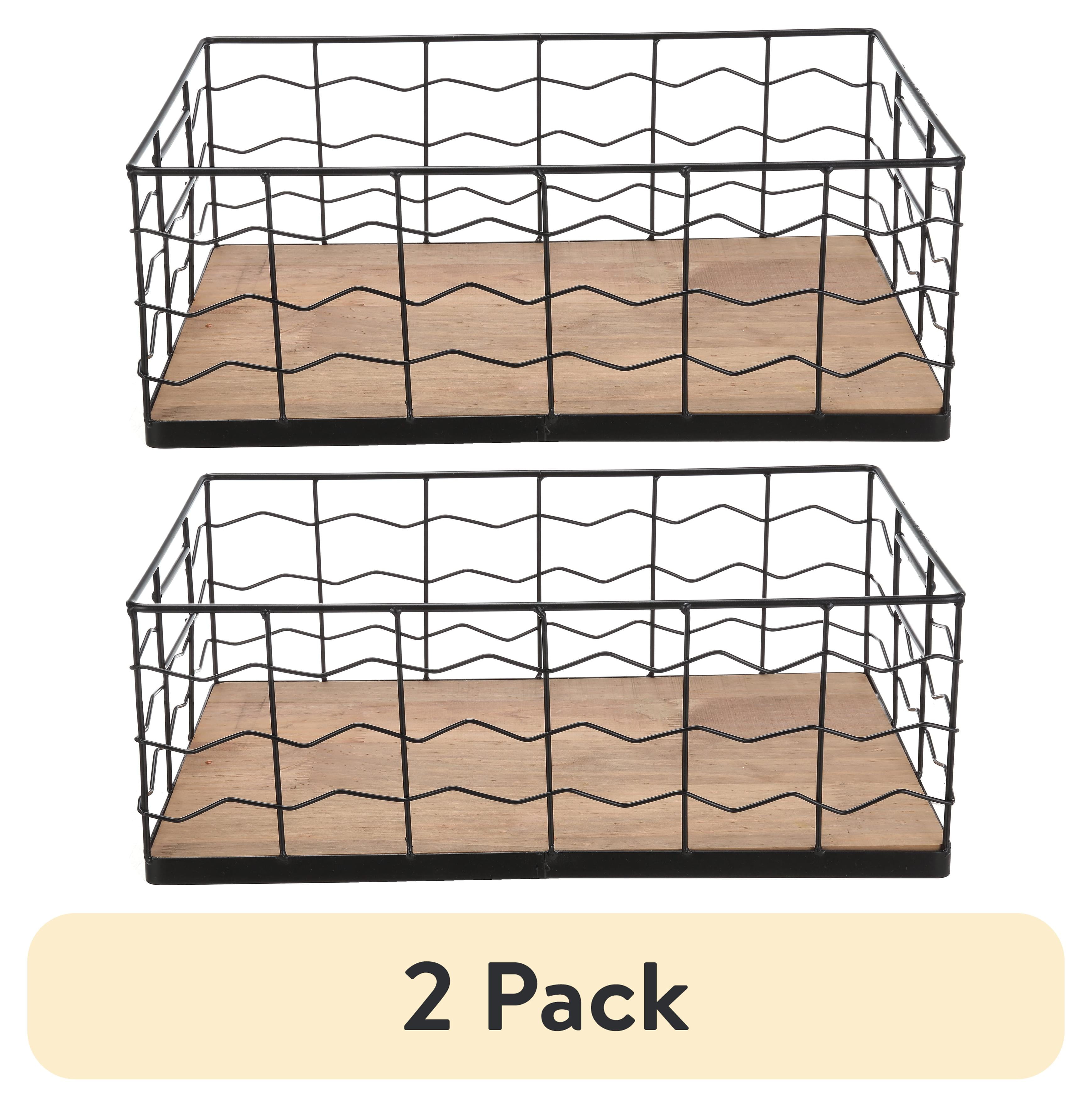 (2 pack) BHG Decorative Black Wire Basket with Wood Board Base, 15.75” L x 9.45” W x 5.91” H